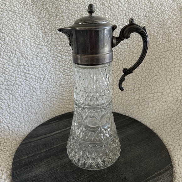 The Unbranded Brand Other - Vintage Crystal Glass Pitcher Silver Plate Carafe With Ornate Handle Chiller 14"